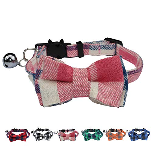 WDPAWS Katzenhalsband, mit Glöckchen und Fliege, Sicherheitsschnalle, kariert, verstellbar, 17,8–27,9 cm, für Kätzchen, Katzen (Pink) von WDPAWS