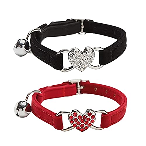 WDPAWS Katzenhalsband Halsband mit Sicherheitsgurt und Glöckchen in Herzform, verstellbar, 20,3–25,4 cm, Schwarz + Rot von WDPAWS