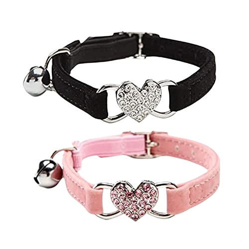 WDPAWS Katzenhalsband Halsband mit Sicherheitsgurt und Glöckchen in Herzform, verstellbar, 20,3–25,4 cm, für Kätzchen, Schwarz + Rosa von WDPAWS