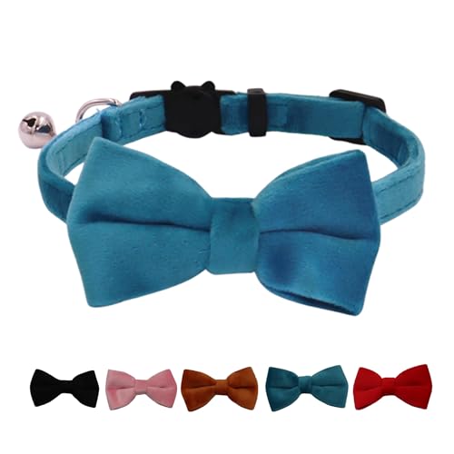 WDPAWS Katzenhalsband mit Glöckchen und abnehmbarer Fliege, Sicherheitsschnalle, Samt, verstellbar, 17,8–27,9 cm, für Kätzchen, Katzen, Blau von WDPAWS