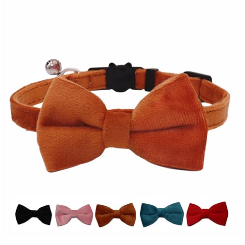 WDPAWS Katzenhalsband mit Glöckchen und abnehmbarer Fliege, Sicherheitsschnalle, Samt, verstellbar, 17,8–27,9 cm, für Kätzchen, Katzen, Braun von WDPAWS