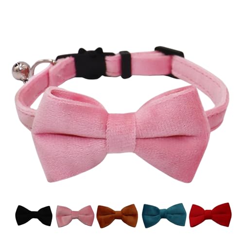 WDPAWS Katzenhalsband mit Glöckchen und abnehmbarer Fliege, Sicherheitsschnalle, Samt, verstellbar, 17,8–27,9 cm, für Kätzchen, Katzen, Rosa von WDPAWS