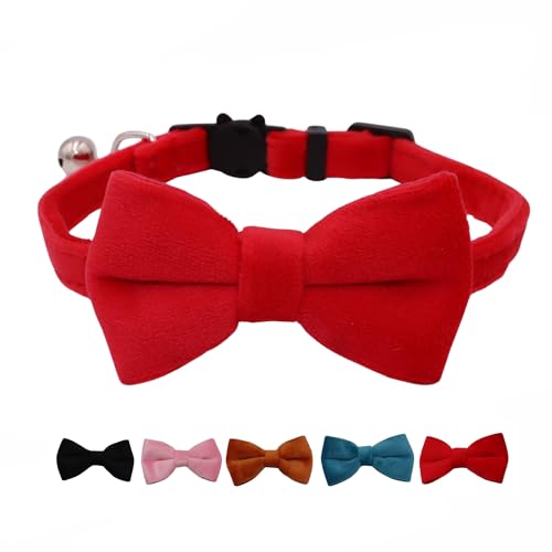 WDPAWS Katzenhalsband mit Glöckchen und abnehmbarer Fliege, Sicherheitsschnalle, Samt, verstellbar, 17,8–27,9 cm, für Kätzchen, Katzen, Rot von WDPAWS