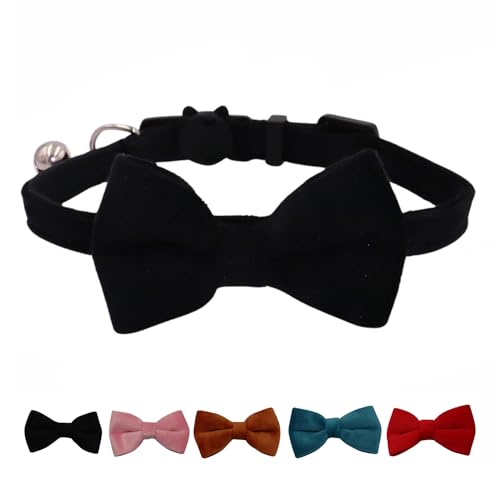 WDPAWS Katzenhalsband mit Glöckchen und abnehmbarer Fliege, Sicherheitsschnalle, Samt, verstellbar, 17,8–27,9 cm, für Kätzchen, Katzen, Schwarz von WDPAWS