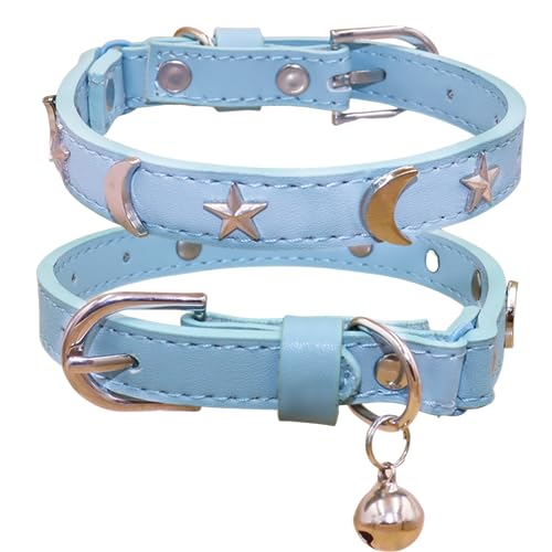 WDPAWS Leder-Katzenhalsband mit Glöckchen und elastischem Sicherheitsgurt, Mond und Sterne, verstellbar, für Katzen und Kätzchen, Mädchen, Jungen, Größe 19,1 - 25,4 cm, Hellblau von WDPAWS