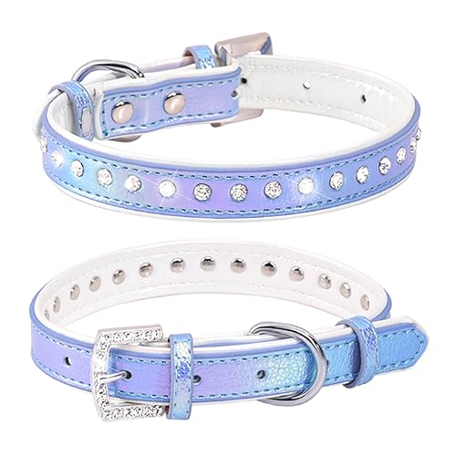 WDPAWS Strass Katze Hundehalsband Bling Diamant mit glänzender Schnalle Doppelschicht PU-Leder für Katzen Kätzchen Kleine Mittlere Hunde (Blau, M) von WDPAWS