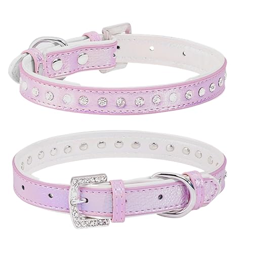 WDPAWS Strass Katze Hundehalsband Bling Diamant mit glänzender Schnalle Doppelschicht PU-Leder für Katzen Kätzchen Kleine Mittlere Hunde (Lila, M) von WDPAWS