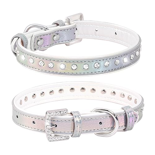 WDPAWS Strass Katze Hundehalsband Bling Diamant mit glänzender Schnalle Doppelschicht PU-Leder für Katzen Kätzchen Kleine Mittlere Hunde (Silber, M) von WDPAWS