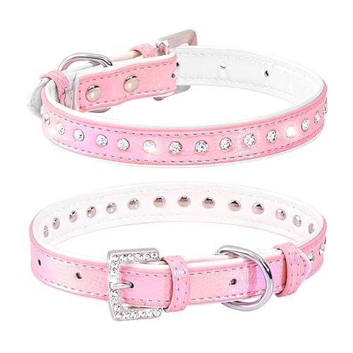 WDPAWS Strasssteine Katze Hundehalsband Bling Diamant mit glänzender Schnalle Doppelschicht PU-Leder für Katzen Kätzchen Kleine Mittlere Hunde (Rosa 1, S) von WDPAWS