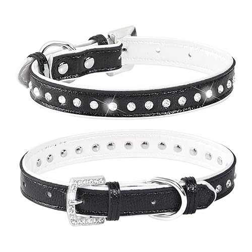 WDPAWS Strasssteine Katze Hundehalsband Bling Diamant mit glänzender Schnalle Doppelschicht PU-Leder für Katzen Kätzchen Kleine Mittlere Hunde (Schwarz 1, M) von WDPAWS