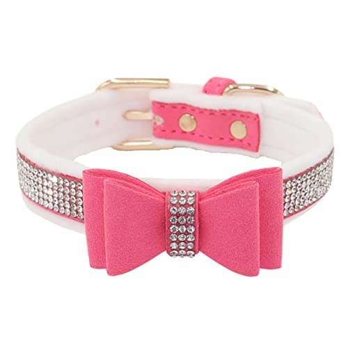 WDPAWS Strasssteine Warm Samt Gepolstert Katzen Hundehalsband - Vollkristall Diamant Bling Niedliche Mädchen Halsbänder mit Fliege für Katzen Kätzchen Welpen kleine Hunde (S, Rosa) von WDPAWS