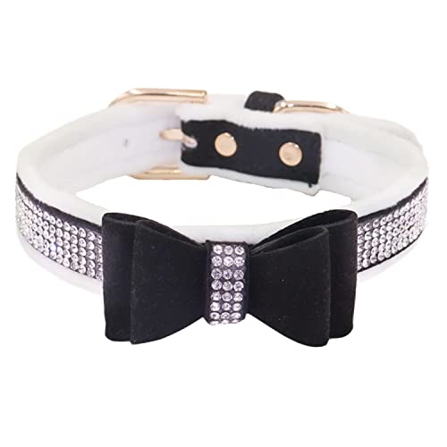 WDPAWS Strasssteine Warm Samt Gepolstert Katzen Hundehalsband - Vollkristall Diamant Bling Niedliche Mädchen Halsbänder mit Fliege für Katzen Kätzchen Welpen kleine Hunde (XS, Schwarz) von WDPAWS