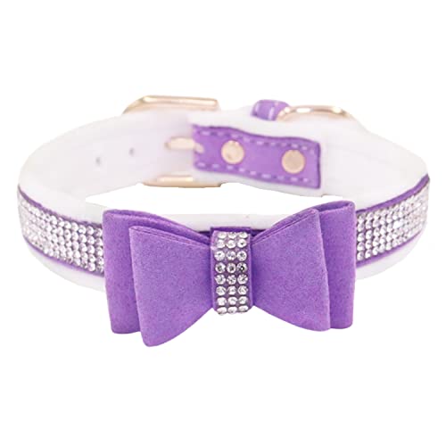 WDPAWS Strasssteine Warm Samt Gepolstertes Katzen-Hundehalsband – Vollkristall Diamant Bling Niedliche Mädchen Halsbänder mit Fliege für Katzen Kätzchen Welpen kleine Hunde (S, Lila) von WDPAWS