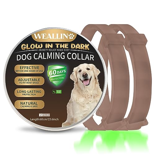 WEALLIN Beruhigungshalsband Für Hunde, Leuchtendes Sicherheitsglühen Beruhigendes Hundehalsband, Verstellbares & Wasserfestes Pheromon Anti-Angst Beschwichtigungshalsband (2er Pack), Braun von WEALLIN