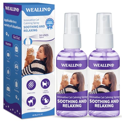 WEALLIN Katzenberuhigungsspray - Beruhigende Pheromone zur Linderung von Angst und Stress Katzen-Gesichtspheromone mit beruhigender und entspannender Wirkung Geeignet für Zuhause, und im Freien 60ml*2 von WEALLIN