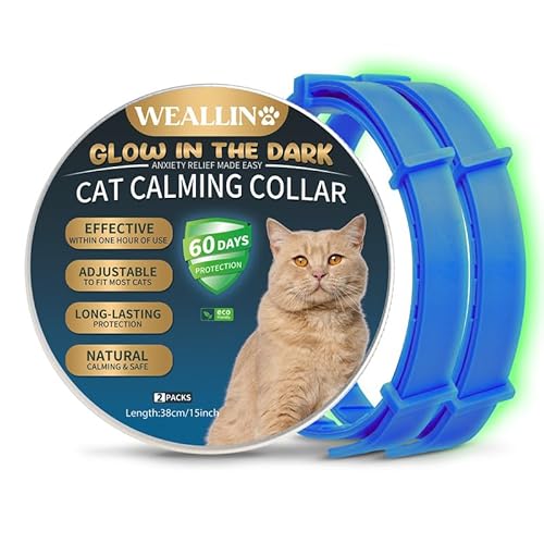 WEALLIN Katze Beruhigende Halsband, Leuchtendes Sicherheitsglühen Beruhigende Halsband Für Katzen, Einstellbare & Wasserdicht Anti-Angst-Pheromon Beruhigende Katze Halsband(2er-Pack), Blau von WEALLIN