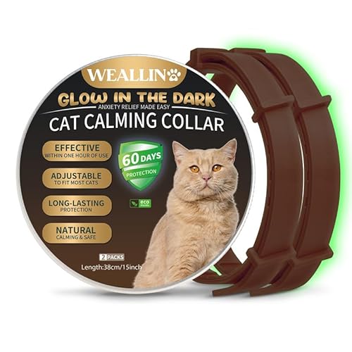 WEALLIN Katze Beruhigende Halsband, Leuchtendes Sicherheitsglühen Beruhigende Halsband Für Katzen, Einstellbare & Wasserdicht Anti-Angst-Pheromon Beruhigende Katze Halsband(2er-Pack), Braun von WEALLIN