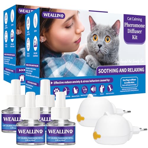 WEALLIN Katzen-Pheromon-Diffusor zur Linderung von Angst und Stress – 6-in-1 Beruhigungs-Diffusor-Set für Katzen mit 2 Diffusor + 4 Nachfüllflaschen à 48 ml – 120 Tage Komfort und Entspannung von WEALLIN