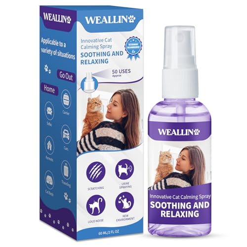 WEALLIN Katzenberuhigungsspray - Beruhigende Pheromone zur Linderung von Angst und Stress Katzen-Gesichtspheromone mit beruhigender und entspannender Wirkung Geeignet für Zuhause, und im Freien 60ml von WEALLIN