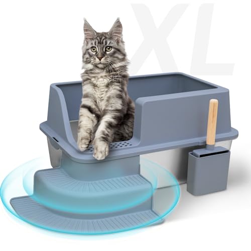 WEALLIN Katzenklo Edelstahl XL, Geschlossene Katzentoilette aus Edelstahl, Katzenklo Hoher Rand mit Deckel, Geruchsfrei, Auslaufsicher, Einfache Reinigung, Katzenklo Metall von WEALLIN