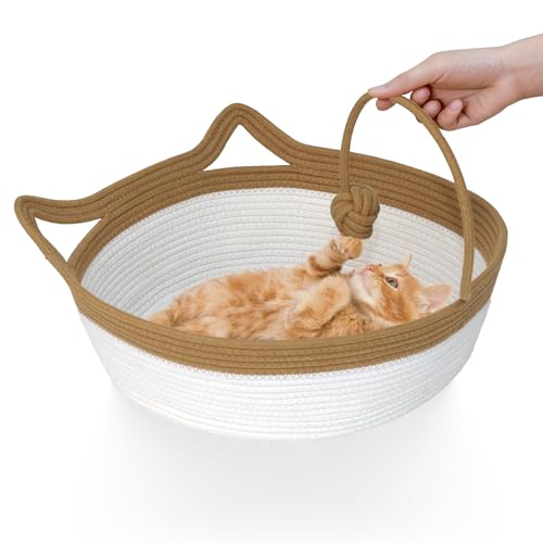 WEAVELYRICS Baumwollseil Gewebter Katzenbettkorb, Haustierschlafkorb mit einem Spielseilball, Katze Faltbarer Schlafkorb für Katzen, Welpen, Kaninchen und kleine Haustiere (Groß, Braun & Beige) von WEAVELYRICS