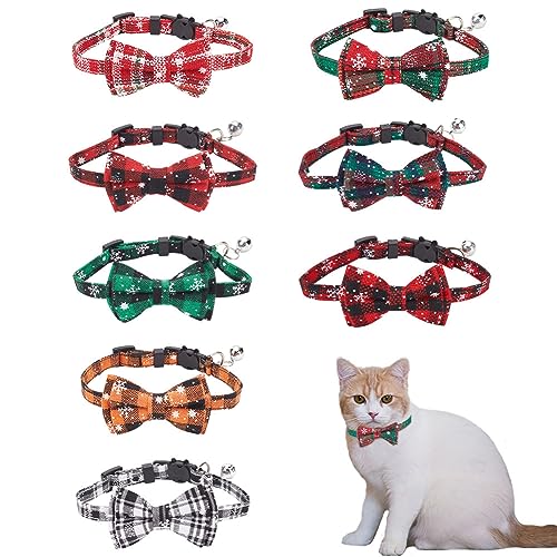 WEBEEDY 8 Stück Weihnachts-Katzenhalsbänder Breakaway Mit Fliege Und Glöckchen Verstellbares Kätzchenhalsband Mit Klassischem Karomuster Urlaubshalsband Für Katzen,Geschenke zu Weihnachten,18-28 cm von WEBEEDY