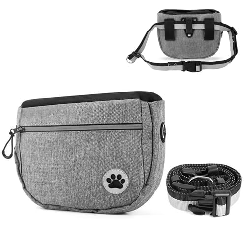 WEEVDRIE Leckerlitasche für Hunde,Leckerlibeutel für Hunde,Futterbeutel Hundetraining,Leckerlitasche Snacktasche Hunde,Futterbeutel als Bauchtasche,mit 2 Taschen,Kotbeutelspender,Hüftgurt (Grau) von WEEVDRIE