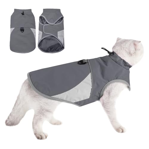 Wintermantel für Hunde und Katzen,Winddichte Warme Katzenjacke,Warme Haustierweste für Katzen,Reflektierende Katzen-Sweatshirt-Pullover für Draußen,mit Loch für Geschirr und Schnalle (Grau, L) von WEEVDRIE