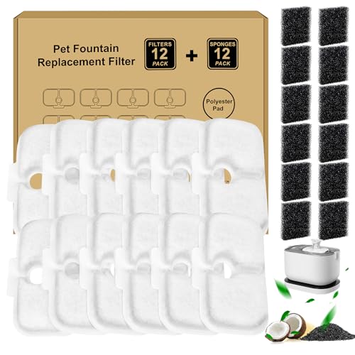 12 Stück Katzenbrunnen Filter für Dockstream Trinkbrunnen für Katze PLWF005, PLWF115, PLWF105, 12 Stück Kohlefilter Und 12 Stück Schaumfilter, 2-Monats-Set Ersatzfilter für Katzentrinkbrunnen von WEIKEY