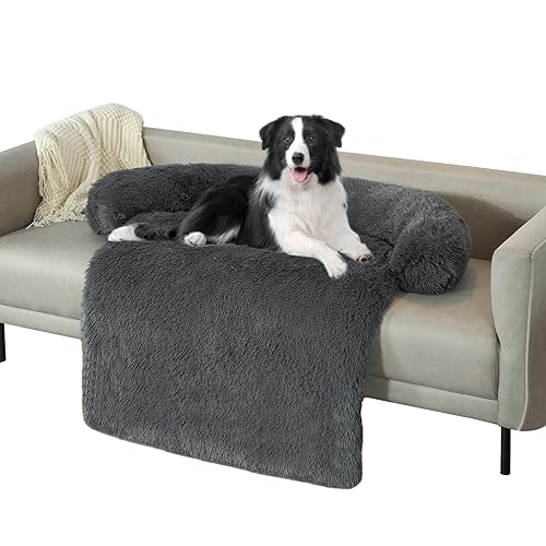 WELLYELO Großes beruhigendes Hundebett, Hundesofa, Couch, Betten für große Hunde und Katzen, flauschige Plüsch-Hundematten für Möbelschutz mit waschbarem Bezug (41 x 37 x 6, Grau) von WELLYELO