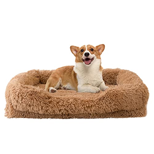 WELLYELO Mittleres Hundebett Katzenbett Flauschige Plüsch Hundebox Betten für mittelgroße Hunde Anti-Rutsch Haustierbett Hundebox Pad Schlafmatte Maschinenwaschbar (Medium, Braun) von WELLYELO