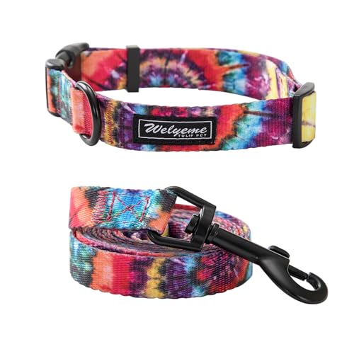 Welyeme Hundehalsband und Leine, Set für XS, kleine, mittelgroße und große Hunde, Regenbogenstreifen, Batikfärbung, Größe S (24 - 30 cm) von WELYEME