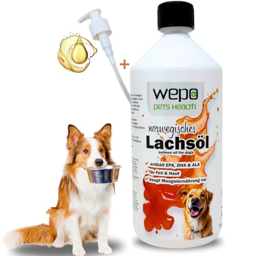 WEPO 1L Lachsöl Hunde - Premium Lachsöl für Hunde - Fischöl für Hunde & Lachsöl für Katzen - Salmon Oil for Cats & Dogs - Inkl. Pumpspender - Frisch produziert & Made in Germany! von WEPO