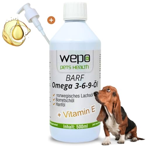 WEPO 3-6-9 Barf Hunde-Öl Premium-Qualität - 100% natürliches Omega 3 6 9 Fell- Haut- Haar- Öl 500ml von WEPO