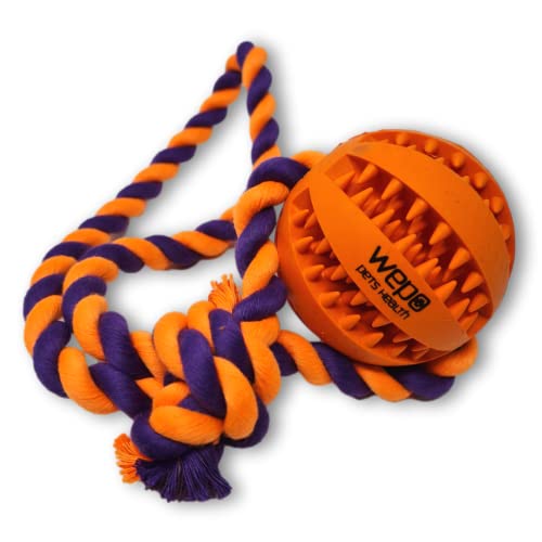 WEPO Ball mit Schnur Hund Orange Ø7cm - Spielzeug für große Hunde - Zahnpflege Hund - Zergel Hundespielzeug - Dog toy gegen Langeweile für Spielspaß - Strick Orange/Lila von WEPO