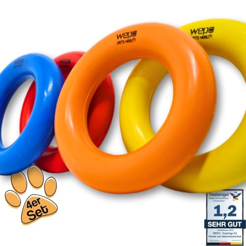 WEPO Beißring Hund - 4X Puller Ring Hund - Welpen Kauspielzeug Ø 9cm - Hundespielzeug Hartgummi - Ziehspielzeug Hund - Robuste & interaktive Kauringe für kleine & große Hunde (4 Farben) von WEPO