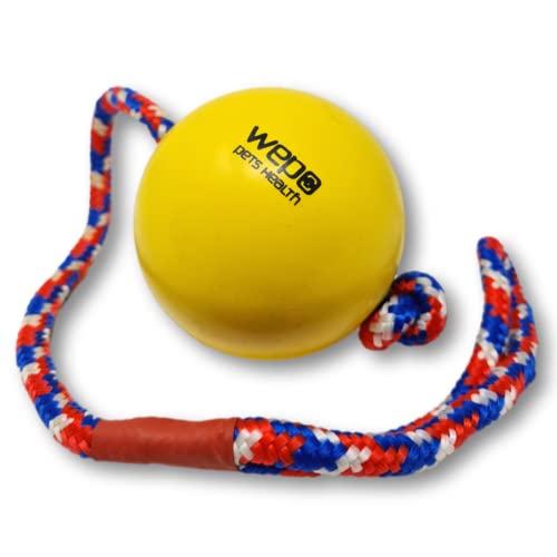 WEPO Ball mit Schnur Gelb Ø 8cm - Hundespielzeug - Spielball Hund - Naturkautschuk Ball Hund - Dog Ball - Hunde Wurfball für große Hunde - Ideal zum Schleudern und weit Werfen von WEPO