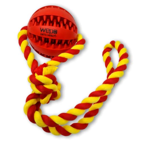 WEPO Kauspielzeug Hund Rot Ø7cm - Ball am Seil - Wurfball für Hunde - Dog toys - Interaktives Hundespielzeug mit Zahnpflegefunktion - Als Zieh-, Wurf- & Kauspielzeug - Strick Gelb/Rot von WEPO