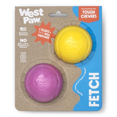 WEST PAW Boundr Ball Hund Apportierspielzeug - Hüpfspielzeug für Hunde, Apportieren, Fangen, Kauen, Spielen - Schwimmbare, recycelbare Bälle - Kleine Löwenzahngelb/Hot Pink, 2er-Pack von WEST PAW