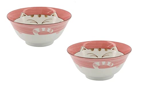 Tokio Japan Design Katzen Schalen Kawaii Cat Tayo Schüssel Black Green Blue & Pink | Nippon Porzellan Ramen Reis Nudel Suppen Dessert Bowl | süße Katzenschälchen (2X Smile Cat 15x7cm 500ml Red) von WESTCRAFT