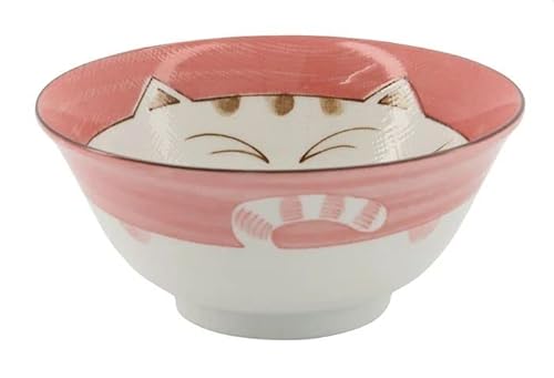 Tokio Japan Design Katzen Schalen Kawaii Cat Tayo Schüssel Black Green Blue & Pink | Nippon Porzellan Ramen Reis Nudel Suppen Dessert Bowl | süße Katzenschälchen (Smile Cat 15x7cm 500ml Red) von WESTCRAFT