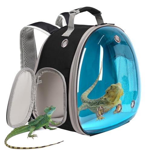 Bartdrachen-Reise-Rucksack, Eidechsen-Rucksack, Raumkapsel, klares Sichtfenster, Astronauten-/Reptilien-Tragetasche für Meerschweinchen, Zuckergleiter, Häschen (schwarz, Rucksack, polarisiertes Blau) von WEVONIGU