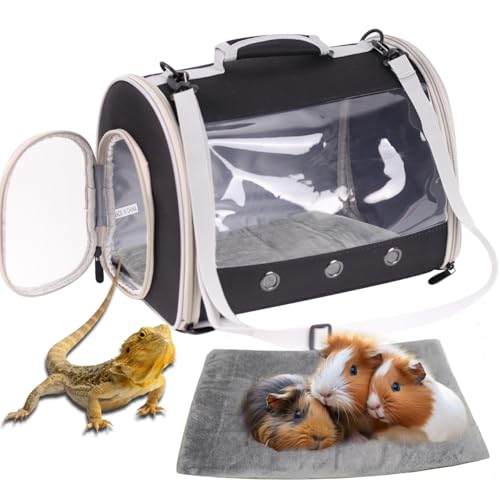 Bartdrachen-Reise-Rucksack, Eidechsen-Rucksack, Raumkapsel, klares Sichtfenster, Astronauten und Reptilien, Rucksack für Meerschweinchen, Zuckergleiter, Häschen (schwarz, TPU-Träger + Matte) von WEVONIGU