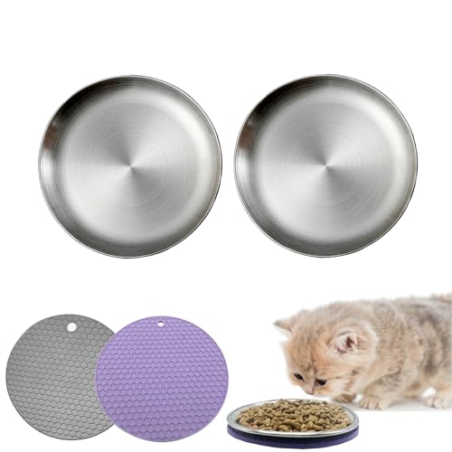 Edelstahl-Katzennapf-Set mit breiter Öffnung, lindert Bartmüdigkeit, 2 Katzenfutterschalen + 2 Pads, Futterteller für den Innenbereich, Nass- und Trockenfutter (16 cm - 4) von WEWAYKGJ