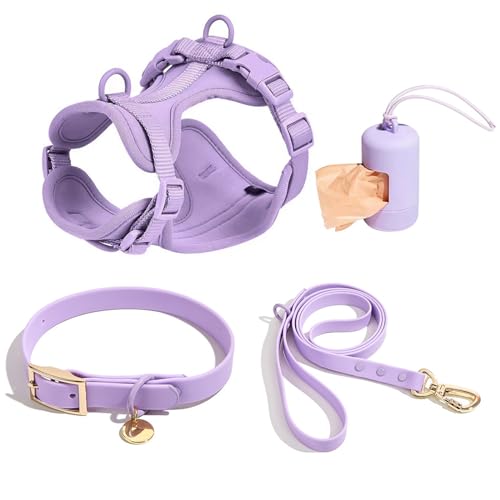 4 PCS Set taktisches Hunde Geschirr, Service-Hunde Weste und-Rücken-Anti-Biss-wasserdichte Hunde-Taktische Brust und Rücken Gurt PVC-Traktion Seil Hunde Halsband-Purple 4||L von WEedsy