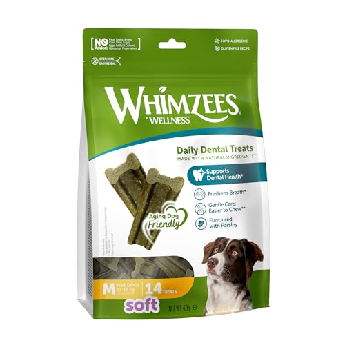 WHIMZEES By Wellness Soft, Kaustangen für mittelgroße Hunde zur Zahnpflege, Größe M, 14 Stück, weiche Textur, geeignet für alternde Hunde, ohne Zuckerzusatz, getreidefrei von WHIMZEES