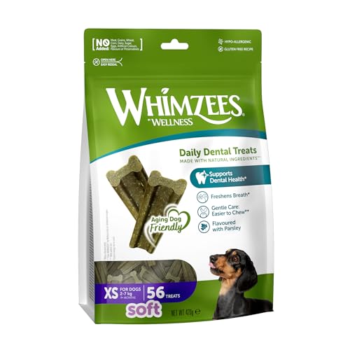 WHIMZEES by Wellness, Größe XS, 56 Stück, weichere Kaustangen für sehr kleine Hunde zur Zahnpflege, schonende Pflege, geeignet für alternde Hunde, ohne Zuckerzusatz, getreidefrei von WHIMZEES