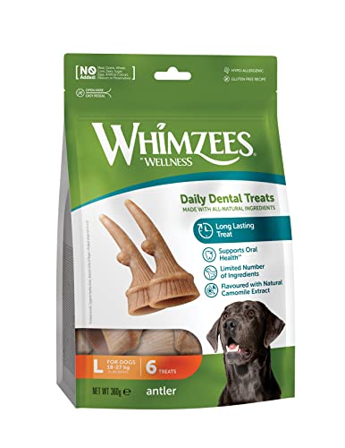 WHIMZEES by Wellness Antler, geweihförmiger Hundesnack für große Hunde, Größe L, 6 Stück, wirkt ruhigend, ohne Zuckerzusatz, getreidefrei, natürlich, fettarm von WHIMZEES