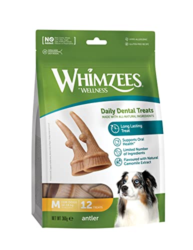 WHIMZEES By Wellness Antler, geweihförmiger Hundesnack für mittelgroße Hunde, Größe M, 12 Stück, wirkt ruhigend, ohne Zuckerzusatz, getreidefrei, natürlich, fettarm von WHIMZEES