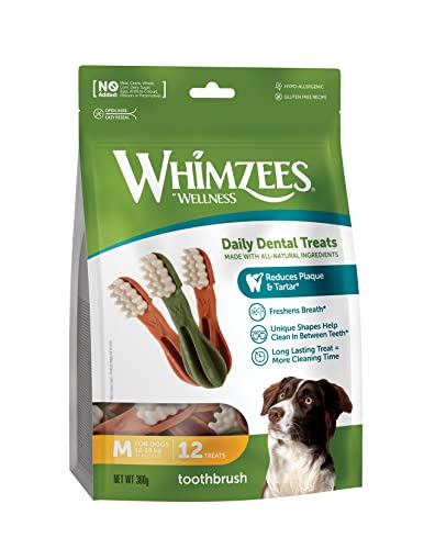 WHIMZEES By Wellness Zahnbürste, Kaustangen für mittelgroße Hunde, Hundesnack zur Zahnpflege, Größe M, 12 Stück, ohne Zuckerzusatz, getreidefrei, natürlich, fettarm von WHIMZEES